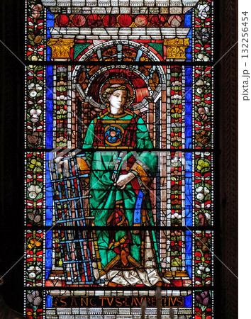 Saint Lawrence of Rome, stained glass window in Santa Maria Novella Principal Dominican church in Florence, Italy Saint Lawrence of Rome, stained glass window in Santa Maria Novella Principal Dominican church in Florence, Italy 132256454