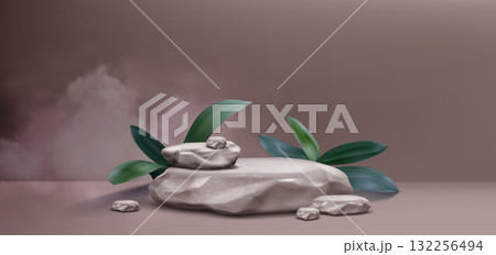 Stone podium with rock blocks and green leaves 132256494