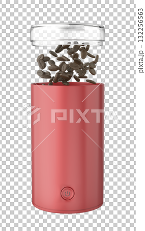Red electric coffee grinder with coffee beans 132256563