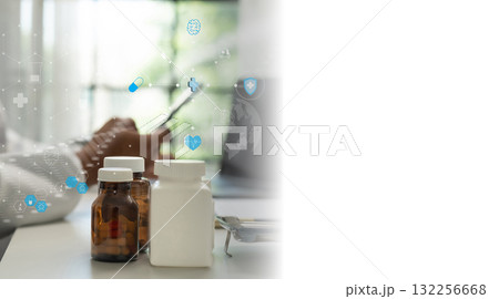 icons, and doctor using tablet. Medical safety, drug monitoring, and clinical research. icons, and doctor using tablet. Medical safety, drug monitoring, and clinical research. 132256668