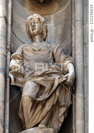 Statue of Saint on the facade of the Milan Cathedral, Duomo di Santa Maria Nascente, Milan, Lombardy, Italy Statue of Saint on the facade of the Milan Cathedral, Duomo di Santa Maria Nascente, Milan, Lombardy, Italy 132256834