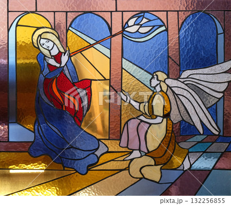 Annunciation of the Virgin Mary stained glass window in Mother Teresa cathedral in Vau i Dejes, Albania Annunciation of the Virgin Mary stained glass window in Mother Teresa cathedral in Vau i Dejes, Albania 132256855