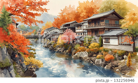 紅葉に囲まれた川沿いの古い日本の住宅地、水彩画風イラスト 紅葉に囲まれた川沿いの古い日本の住宅地、水彩画風イラスト 132256946