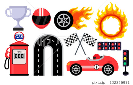 Cute racing car, flag, gas station, traffic light and burning tire Cute racing car, flag, gas station, traffic light and burning tire 132256951