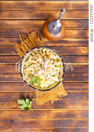 pasta with chicken and onion 132257097
