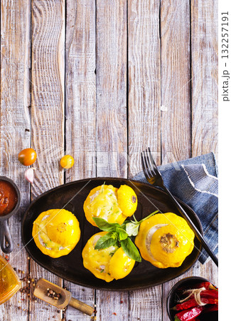 Stuffed pattypan squash, vegetarian food Stuffed pattypan squash, vegetarian food 132257191