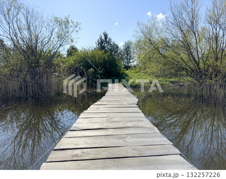 Bridge crosses tranquil pond in rural landscape. Wooden footbridge with plank pathway reflects in Bridge crosses tranquil pond in rural landscape. Wooden footbridge with plank pathway reflects in 132257226