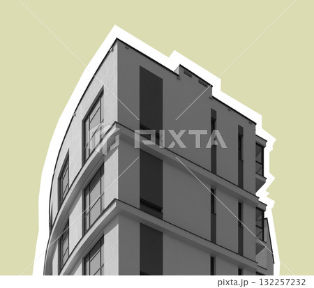 Building collage art in modern city. Creative concrete highrise facade with window pattern reflects 132257232