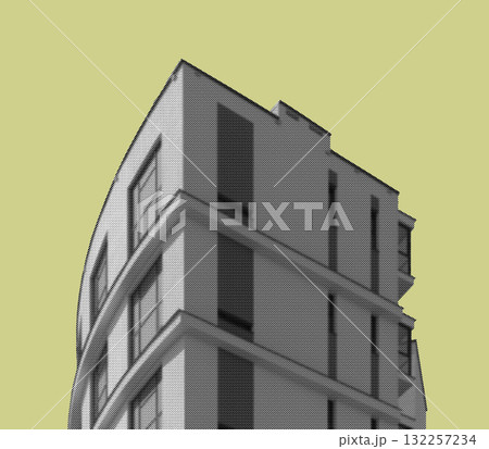 Building collage art with retro halftone style. Creative concrete facade shows modern highrise Building collage art with retro halftone style. Creative concrete facade shows modern highrise 132257234