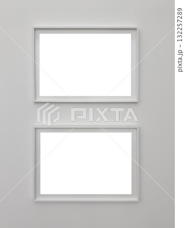Frame pair on wall. Stylish white rectangle mockup with minimalist thin border creates contemporary Frame pair on wall. Stylish white rectangle mockup with minimalist thin border creates contemporary 132257289