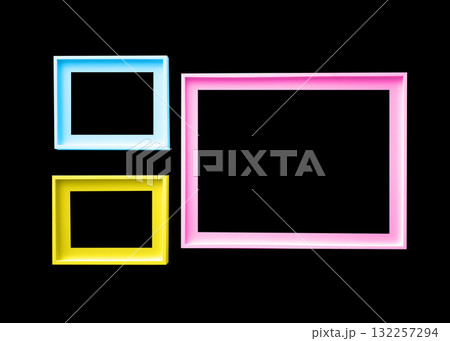 Frame set in modern gallery interior. Multiple colorful painted wooden rectangles of different sizes Frame set in modern gallery interior. Multiple colorful painted wooden rectangles of different sizes 132257294