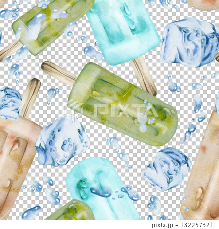 Melting vanilla caramel matcha popsicle lolly, ice cube cold splash droplets. Isolated seamless pattern illustration hand drawn in watercolor. Dessert branding, cocktail menu art, kids party design. Melting vanilla caramel matcha popsicle lolly, ice cube cold splash droplets. Isolated seamless pattern illustration hand drawn in watercolor. Dessert branding, cocktail menu art, kids party design. 132257321