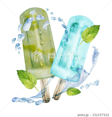 Soft green pistachio popsicle ice cream lolly with fresh mint garnish, splashing water waves, drops. Isolated illustration hand drawn in watercolor. Botanical sweet label, summer stationery, poster. Soft green pistachio popsicle ice cream lolly with fresh mint garnish, splashing water waves, drops. Isolated illustration hand drawn in watercolor. Botanical sweet label, summer stationery, poster. 132257322