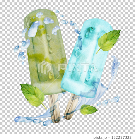 Soft green pistachio popsicle ice cream lolly with fresh mint garnish, splashing water waves, drops. Isolated illustration hand drawn in watercolor. Botanical sweet label, summer stationery, poster. Soft green pistachio popsicle ice cream lolly with fresh mint garnish, splashing water waves, drops. Isolated illustration hand drawn in watercolor. Botanical sweet label, summer stationery, poster. 132257322