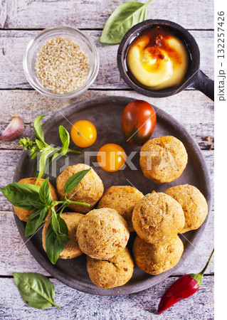 plate of fried falafel balls 132257426