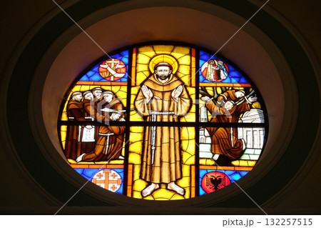 Saint Francis of Assisi, stained glass window in Franciscan church in Shkoder, Albania Saint Francis of Assisi, stained glass window in Franciscan church in Shkoder, Albania 132257515