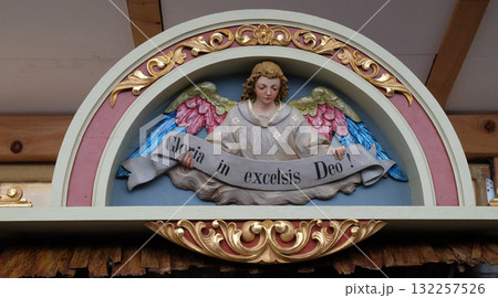 Angel with Gloria in excelsis Deo Banner, Nativity Scene, altarpiece in the church of Saint Matthew in Stitar, Croatia 132257526