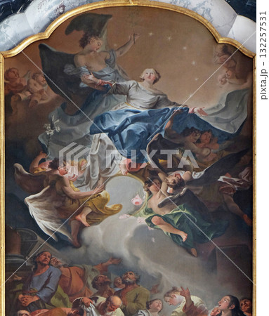 Assumption of the Virgin Mary, Main altar in Amorbach Benedictine monastery church in Lower Franconia, Bavaria, Germany 132257531