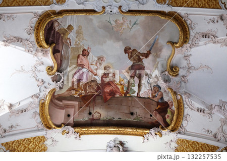 Martyrdom of St. Faustinus and Simplicius, fresco by Matthaus Gunther in Benedictine monastery church in Amorbach, Lower Franconia in Bavaria, Germany 132257535