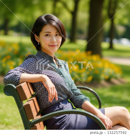 公園のベンチにリラックスして座る若い日本人女性 132257592