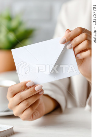 Woman holding a blank white envelope in her hands, with a soft background featuring a plant and a cup, conveying a sense of anticipation and communication 132257701