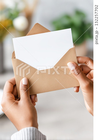 Hands holding a brown envelope with a blank card inside, showcasing a personal touch in communication and the art of letter writing Hands holding a brown envelope with a blank card inside, showcasing a personal touch in communication and the art of letter writing 132257702