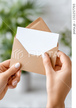 Hands holding a brown envelope with a blank card inside, surrounded by a blurred green background, conveying a sense of anticipation and communication 132257703