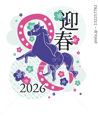 2026年の午年の馬をモチーフにしたイラストの年賀状はがき素材 132257762