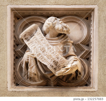 Biblical story, tile relief, external wall of Orsanmichele Church in Florence, Tuscany, Italy 132257883