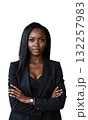 A Black female business leader standing confidently in front of a glass-walled office, arms crossed, her gaze full of determination. 132257983