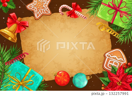 Merry Christmas cookies and scroll parchment paper decorated with gingerbread cookies, candy cane, shiny baubles, wrapped gifts and festive pine branches on a wooden cartoon vector rustic background 132257991