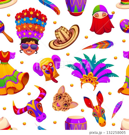 Barranquilla Colombian carnival characters vector seamless pattern. Jaguar and donkey head, vallenato hat, marimonda mask, feathers, maracas and drums. Colombian holiday tile background or print Barranquilla Colombian carnival characters vector seamless pattern. Jaguar and donkey head, vallenato hat, marimonda mask, feathers, maracas and drums. Colombian holiday tile background or print 132258005