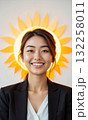 Asian woman smiling with stylized sunrise icon behind head, new beginnings aura, isolated , 3D stylized, soft color tones 132258011