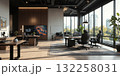Interactive office environment with smart AI assistants integrated into desks, ergonomic chairs, and ambient lighting. Add a smart display for 132258031
