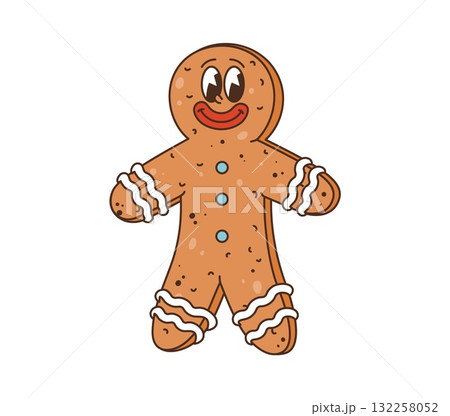 Retro cartoon groovy Christmas vector gingerbread mascot. Cute gingerbread cookie character with sparkling eyes, wide red smile and icing trims. Isolated vector happy xmas dessert pastry personage Retro cartoon groovy Christmas vector gingerbread mascot. Cute gingerbread cookie character with sparkling eyes, wide red smile and icing trims. Isolated vector happy xmas dessert pastry personage 132258052