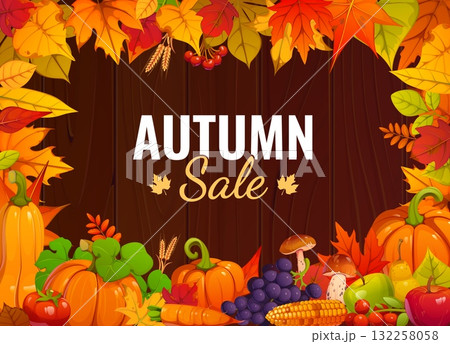 Festive autumn sale banner with orange pumpkins, red, brown and yellow leaves, grape, corn cob and mushrooms on wooden background. Cartoon vector seasonal promotion, harvest festival sale announcement 132258058