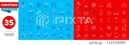 Christmas holiday line icons, Xmas vector pictograms. Christmas tree, Santa Claus, gift box, snowman and reindeer, elf, jingle bell outline icons. Snowflake, candle and Christmas wreath symbols set Christmas holiday line icons, Xmas vector pictograms. Christmas tree, Santa Claus, gift box, snowman and reindeer, elf, jingle bell outline icons. Snowflake, candle and Christmas wreath symbols set 132258065