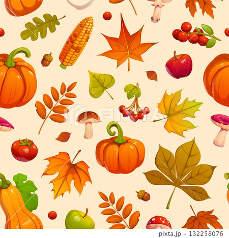 Autumn harvest vector seamless pattern with seasonal fall maple leaves, red apple and tomato, pumpkin, corn cob, oak acorn, rowan berries and mushrooms. Seasonal packaging, fabric print autumn pattern 132258076