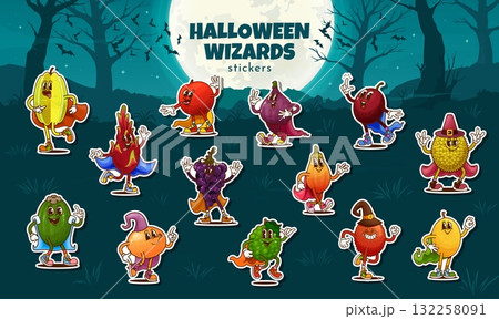 Cartoon Halloween groovy fruit characters with cloaks and hats. Stickers pack of funny grape, apple, mango, rambutan and starfruit, apple, pear and orange. Lychee, papaya and melon with bergamot 132258091