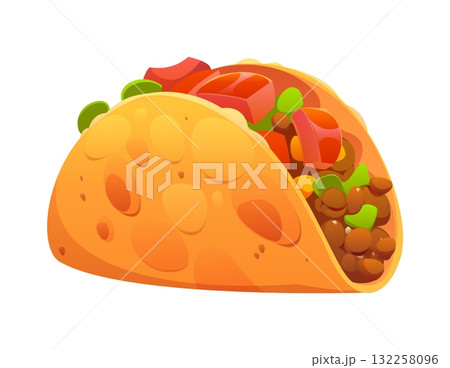 Cartoon tacos Mexican fast food snack. Isolated vector Tex mex fastfood takeaway meal made of corn or wheat tortilla with grilled chicken meat, beans and fresh vegetables like tomatoes and lettuce Cartoon tacos Mexican fast food snack. Isolated vector Tex mex fastfood takeaway meal made of corn or wheat tortilla with grilled chicken meat, beans and fresh vegetables like tomatoes and lettuce 132258096