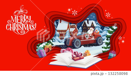 Christmas paper cut greeting card with opened book and Santa on racing car. Vector holiday poster with snowy season town and gift boxes. Santa Claus personage with squirrel character on red race car Christmas paper cut greeting card with opened book and Santa on racing car. Vector holiday poster with snowy season town and gift boxes. Santa Claus personage with squirrel character on red race car 132258098