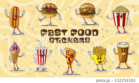 Groovy fast food characters stickers, funny snacks, burgers and sandwiches, cartoon vector. Groovy fast food stickers with funky cheeseburger, popcorn with thumb up, pizza and potato fries with smile 132258102