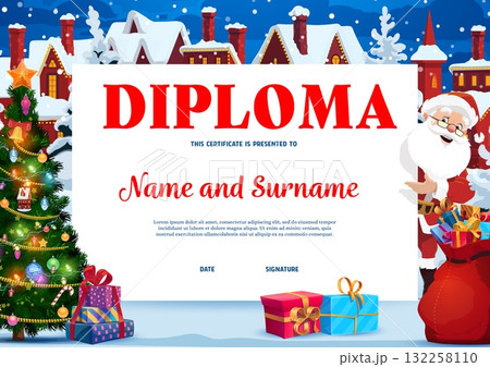 Kids diploma with Santa Claus holding gift bag, Christmas tree with lights, snowy village houses and wrapped festive gifts vector background frame. Cartoon Santa with Xmas winter holidays kids diploma Kids diploma with Santa Claus holding gift bag, Christmas tree with lights, snowy village houses and wrapped festive gifts vector background frame. Cartoon Santa with Xmas winter holidays kids diploma 132258110