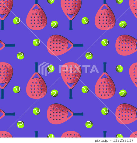 Seamless padel tennis pattern with rackets and balls on purple background Seamless padel tennis pattern with rackets and balls on purple background 132258117
