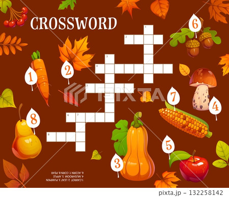 Autumn fall season crossword quiz game grid. Vector crossword combines cartoon carrots, autumn leaves, pumpkins, corn cob, mushrooms, oak acorns and pears with numbered hints. Playful harvest puzzle 132258142