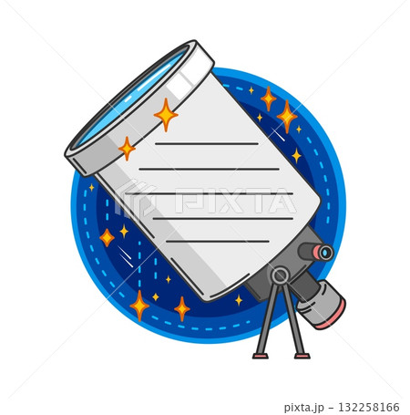 Sky and space kids memo note frame. Cartoon vector notepad page as a telescope standing on a tripod against a starry blue circular background. Playful label for astronomy, exploration and discovery 132258166
