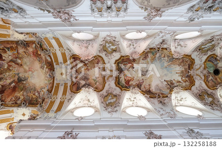 Fresco painting on the ceiling in Amorbach Benedictine monastery church in the district of Miltenberg in Lower Franconia in Bavaria, Germany 132258188