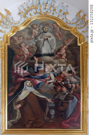 St. Mary Magdalene de Pazzi with St. Aloysius kneeling on a cloud, Saint Aloysius Gonzaga altar in Jesuit church of St. Francis Xavier in Lucerne, Switzerland 132258208