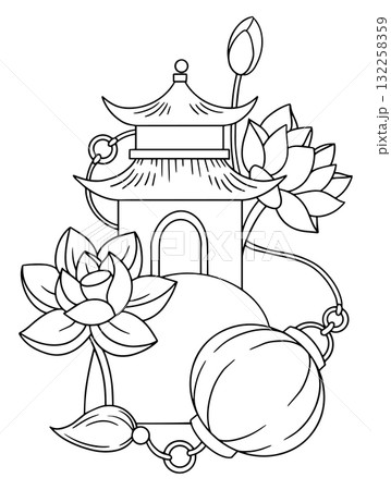 Coloring page. A cute composition with a Chinese house, lanterns, and lotus flowers. 132258359