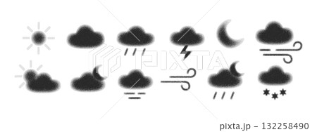 Weather vector icon set with sun, clouds, rain, snow, storm, wind and moon. Handdrawn weather sketch illustration with dot texture and grain shading. Cute icons for forecast, climate and season design Weather vector icon set with sun, clouds, rain, snow, storm, wind and moon. Handdrawn weather sketch illustration with dot texture and grain shading. Cute icons for forecast, climate and season design 132258490
